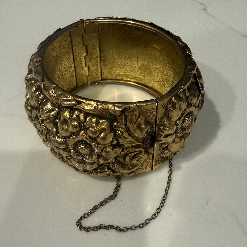 Whiting and Davis Bangle Floral Bracelet With Safety Chain